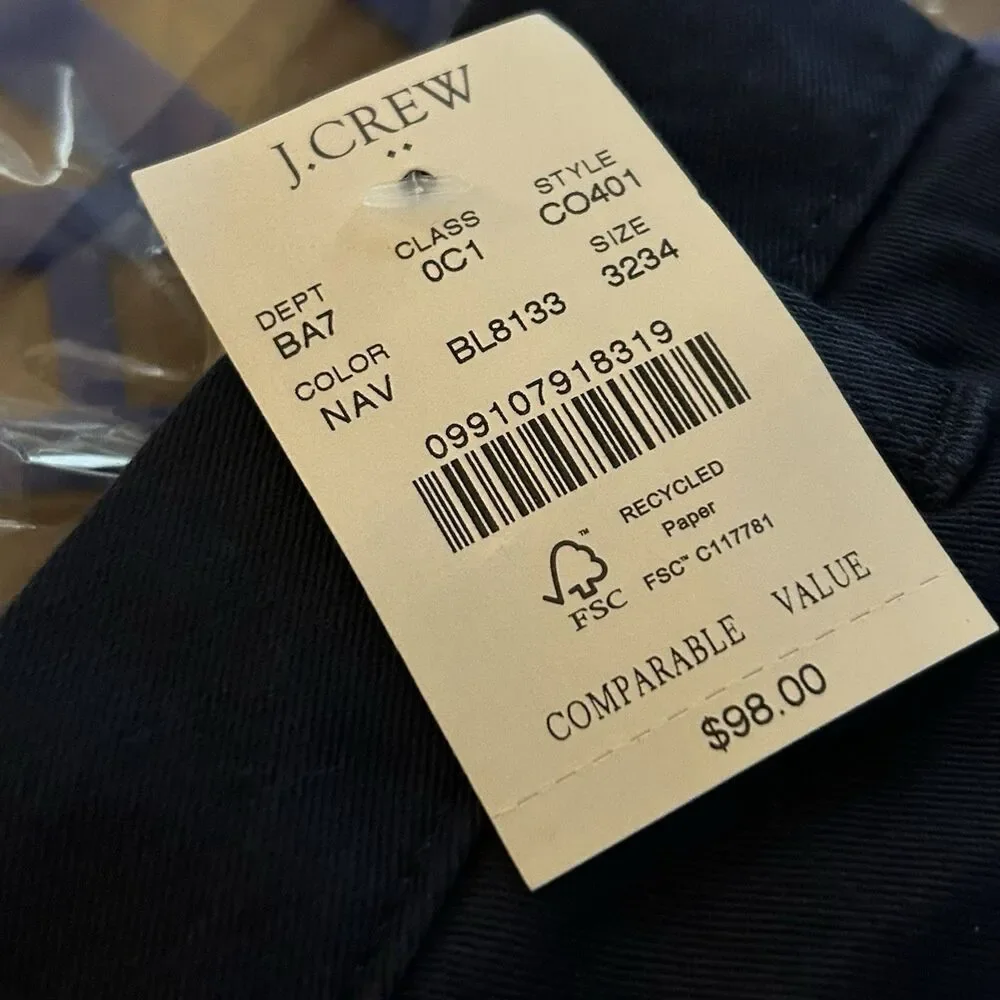 J Crew Pants Mens 32x34 Navy Blue Athletic Slim Chino Casual Office CO401 NWT
